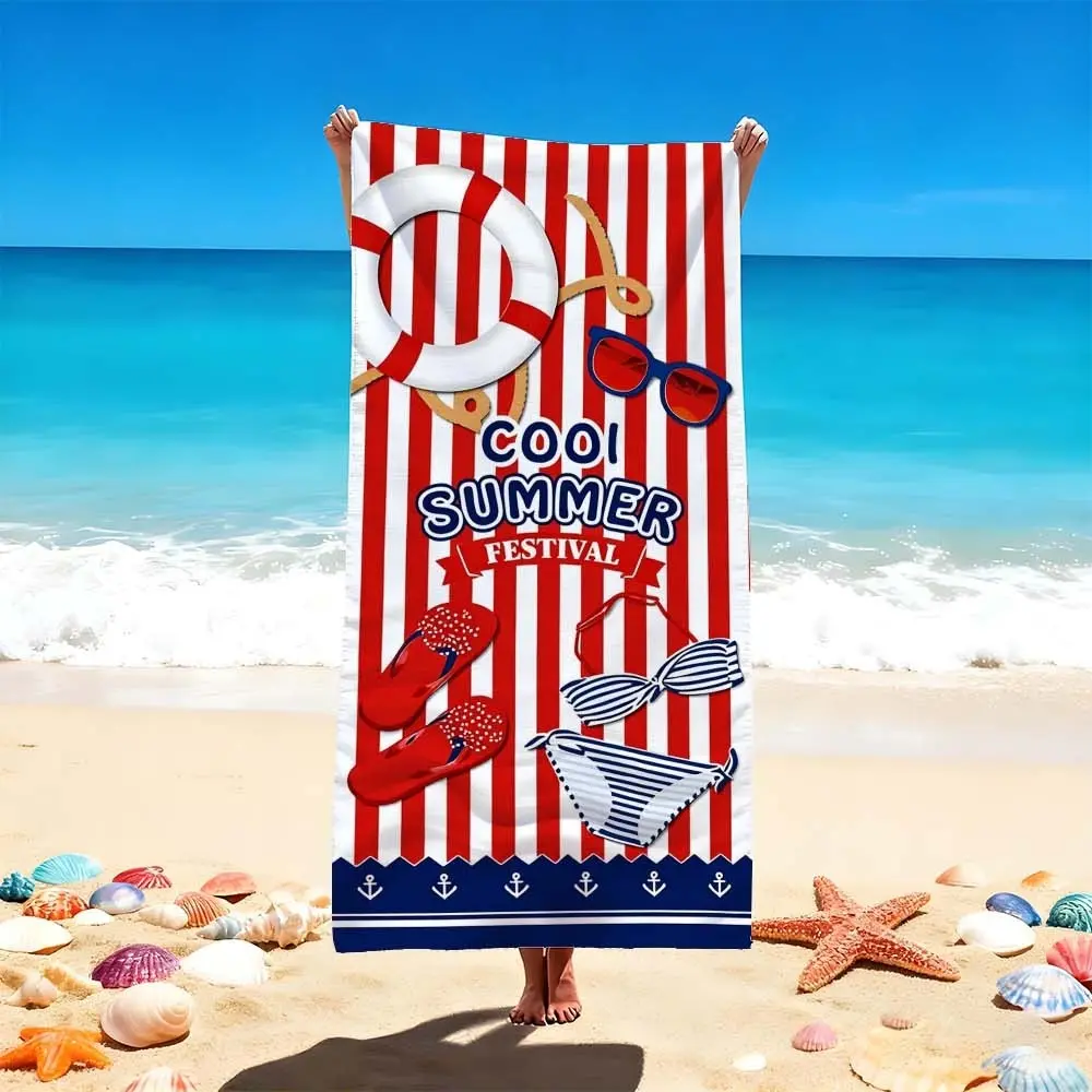 1 Pc Cool Summer Festival Beach Towel, Vibrant Red & White Stripes, Striped Pattern Towel, Perfect for Beach & Pool, Nautical Touch with Anchor Motifs, Swim Essentials, Ideal for Relaxing in Style
