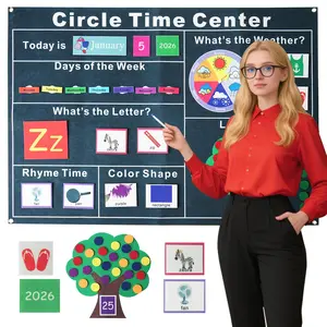 51 pieces school teaching calendar learning poster felt busy board sensory activity board, date/week/weather learning center chart indoor flip chart, interactive game for boys and girls 39X27.2in