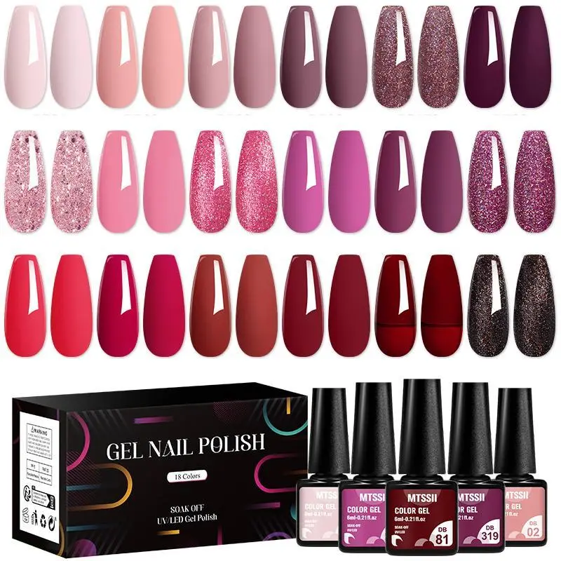 18pcs Gel Nail Polish Set, Classic Pink Violet Gel Nail Kit Suitable for All Seasons Gel Acrylic Nails, Uv Led Nail Art Decorations Manicure DIY Salon Gift, Nail Polish Gifts, Gel Extension, Enhances Shine