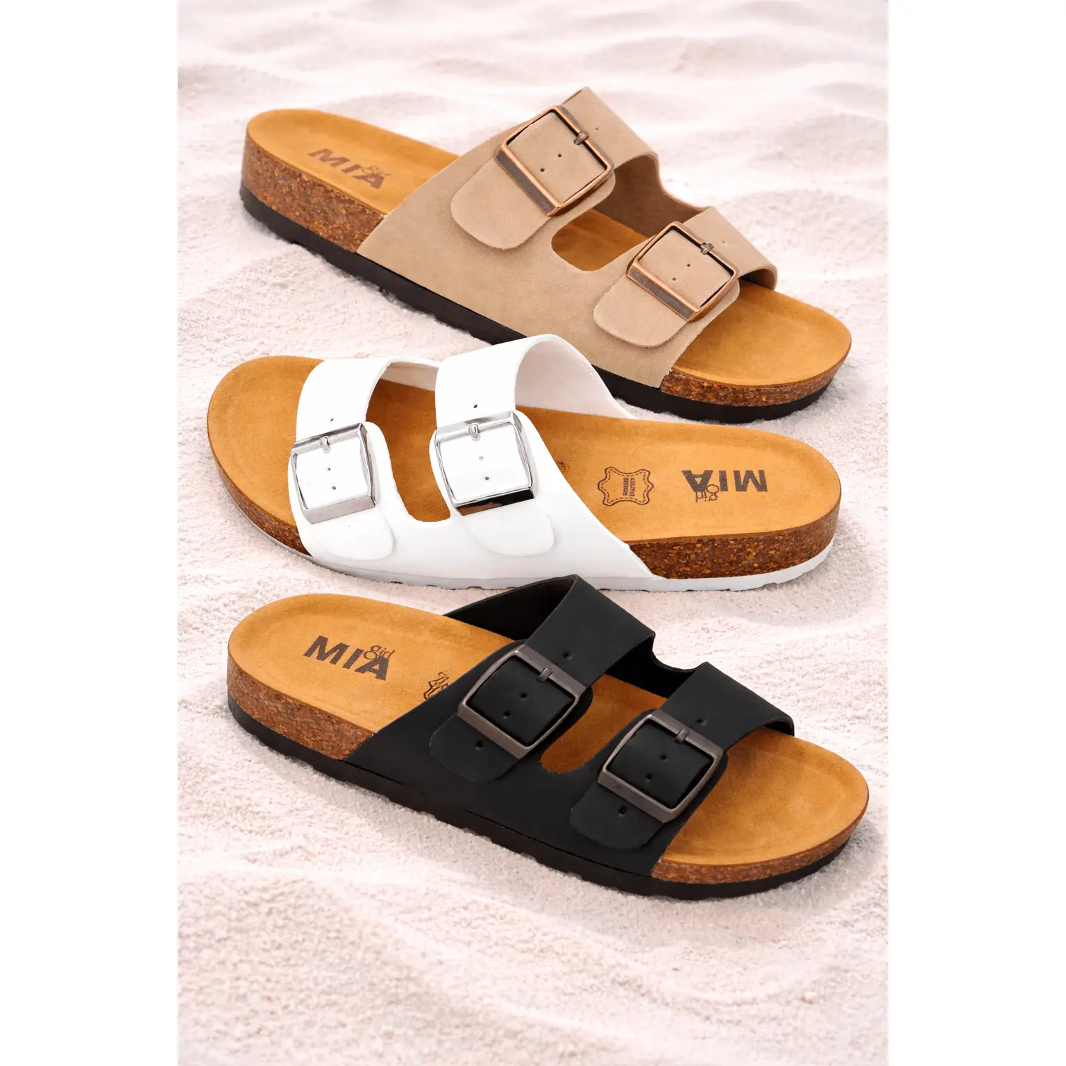 MIA Double Buckle Vegan Leather Sandal with Cork Footbed