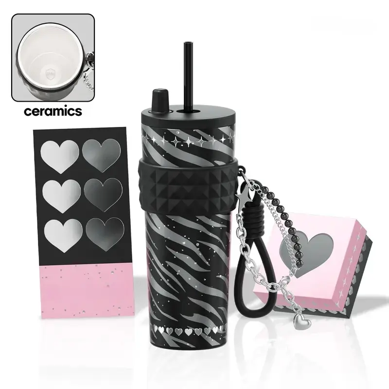 Office And Commute Tumbler Water Bottle For Women, Portable Drinkware Cup For Coffee Cups, Leak-Proof Straw Lid, Slim Base Fits Car Cup Holder, Heart Silicone Band With Bracelet Charm, Wide Mouth Easy Clean, 24oz