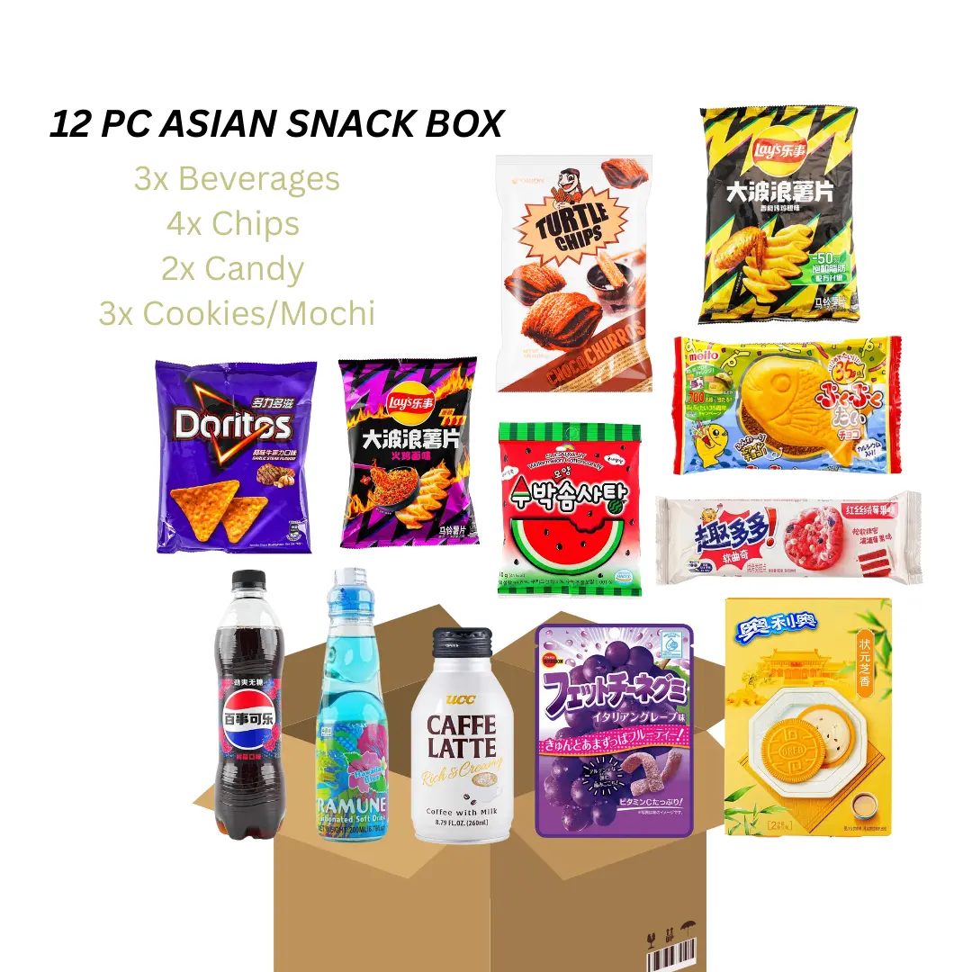 Omg Crunchbox 12 PC Asian Snack Box - 3 Beverages 4 Chips 2 Candy 3 Cookies Variety Pack in Box Assorted Full Size Items Perfect for Any Occasion Multipack
