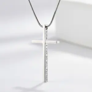 Stainless Steel Philippians 4:13 Cross Christian Bible Verse Pendant Necklace For Men Trendy Creative Best For Gift