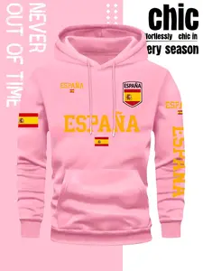 Men's Spain National Team Print Hoodie, Long Sleeve Pullover, Front Pocket, Fall & Winter Streetwear, Comfortable Casual Fashion