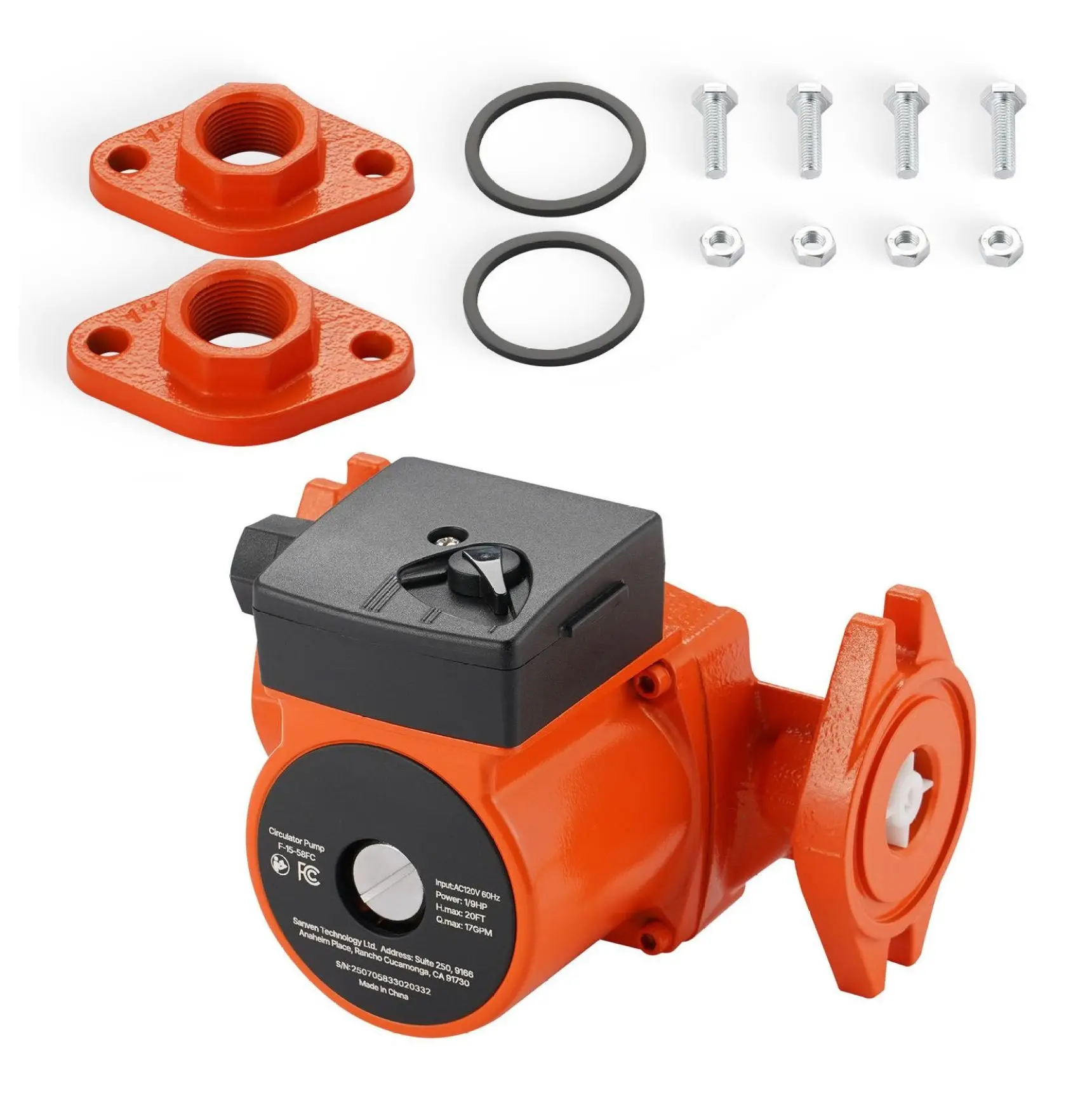 Cast Iron Circulator Pump 17 GPM, 120V  Water Recirculation - 20ft Lift, 1-Inch Flange, 3-Speed, Quiet Operation for Home Heating Systems Default