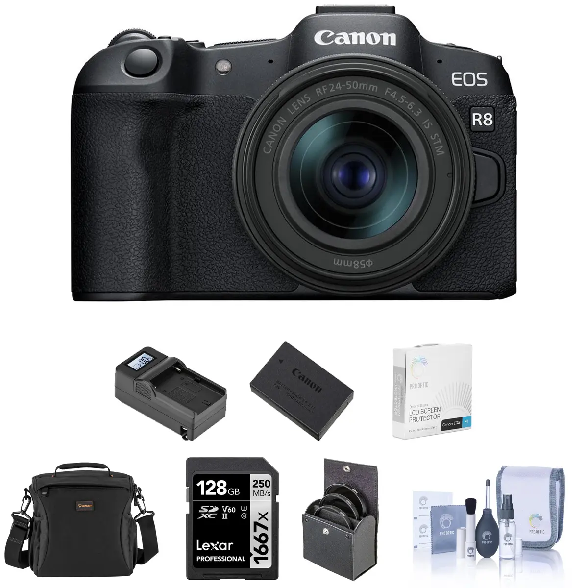 Canon EOS R8 Mirrorless Camera with RF 24-50mm f/4.5-6.3 IS STM Lens, Extra Battery, 128GB SD Card, Shoulder Bag, Charger, Screen Protector, 58mm Filter Kit, Cleaning Kit