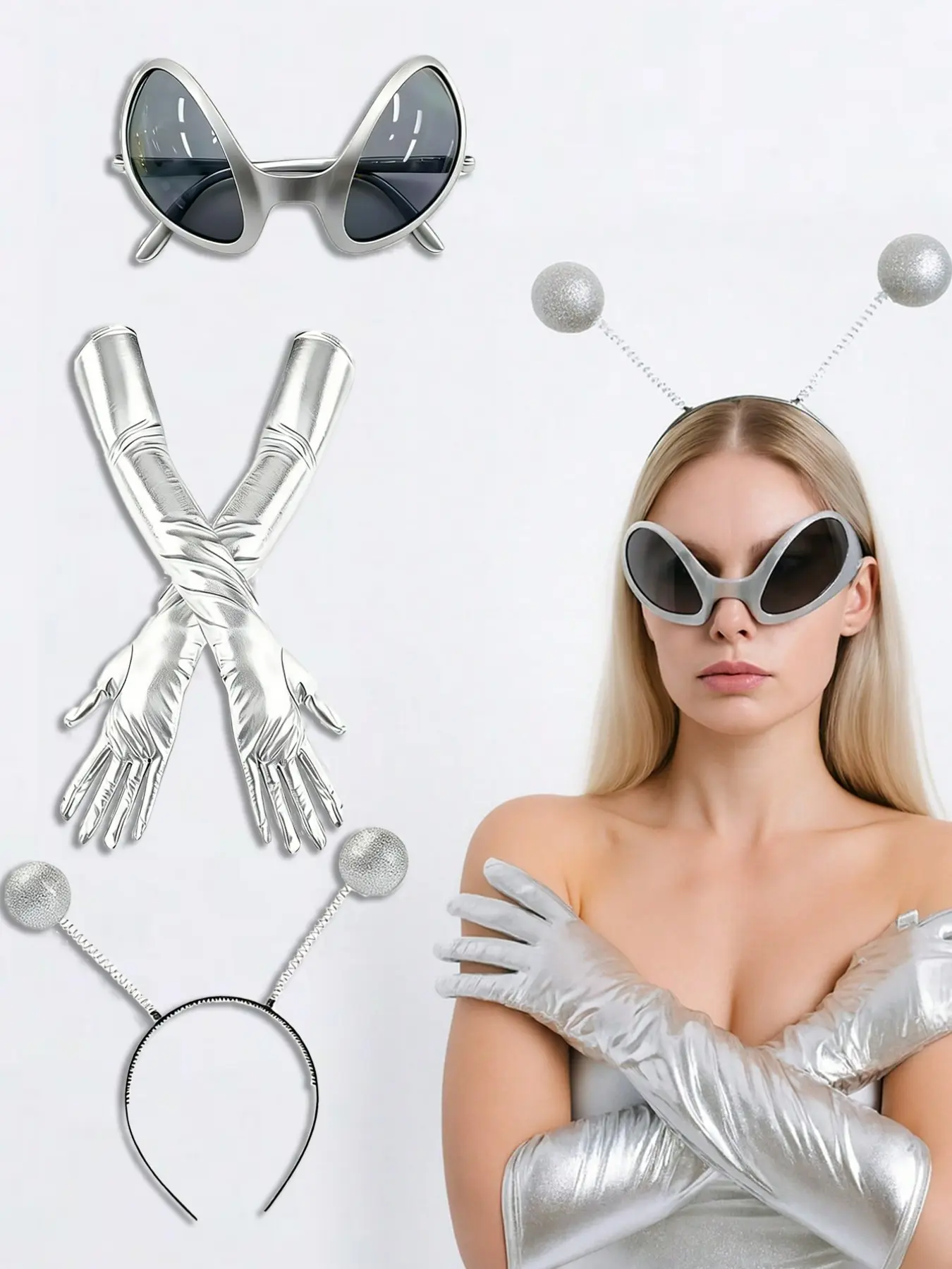 3pcs /silver Alien Costume Set, Hairband Gloves Glasses, Funny Party Accessories, Perfect for Birthday Gifts, Festivals, Music Events