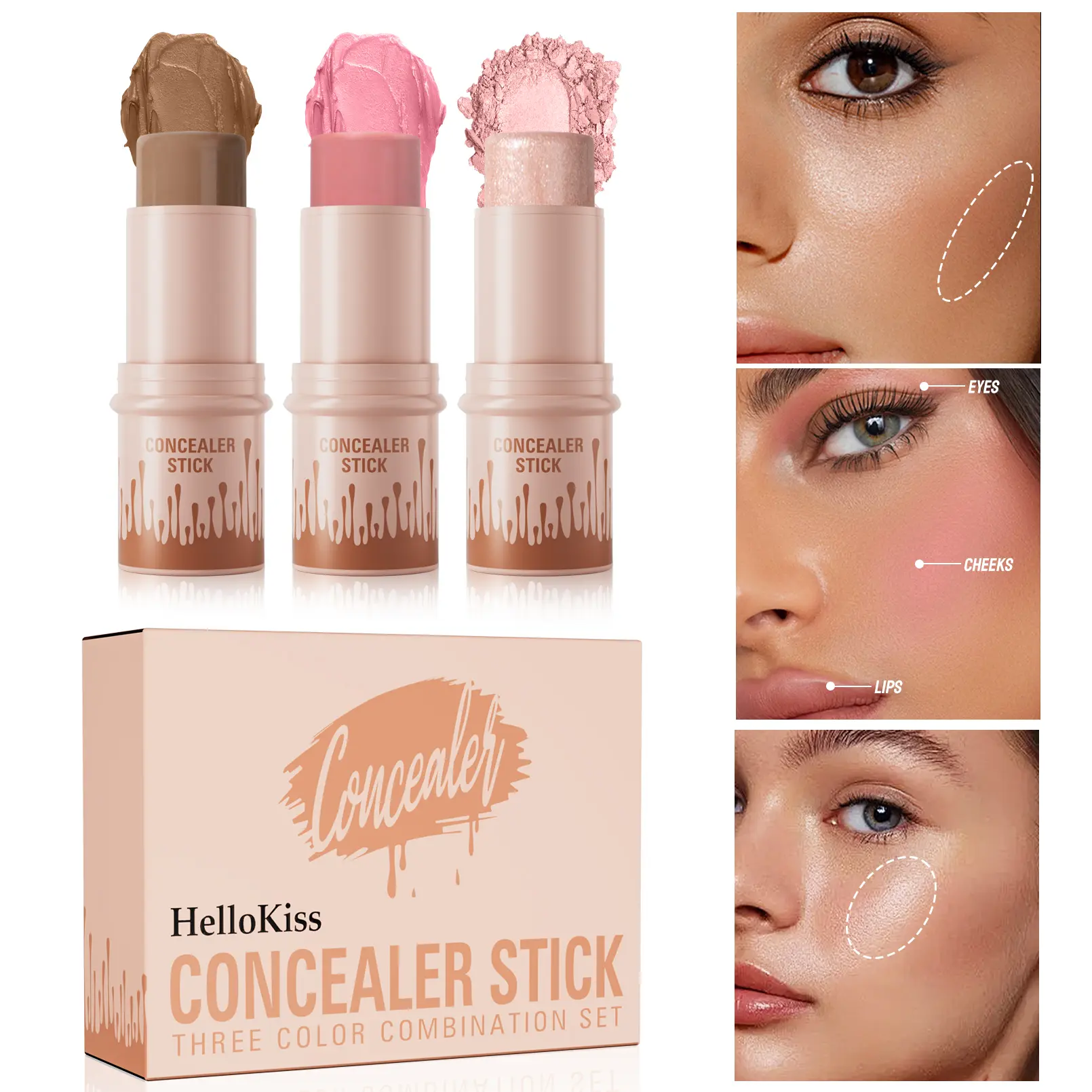 HelloKiss Concealer Stick Trio Set with Highlighter Bronzer & Blush Waterproof Long-Lasting Flawless Finish Non-Greasy Easy Application Compact Size for On-The-Go Touch-Ups Great Gift for Women and Girls - Pack