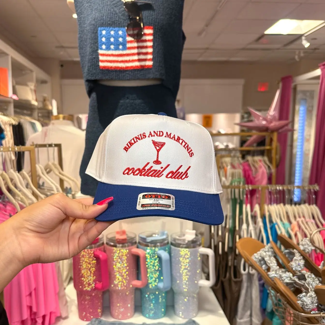 Bikinis and Martinis Cocktail Club Trucker Hat – White and Blue Retro Embroidered Hat, Funny Summer Party Cap, Beach Bachelorette Gift Hat
