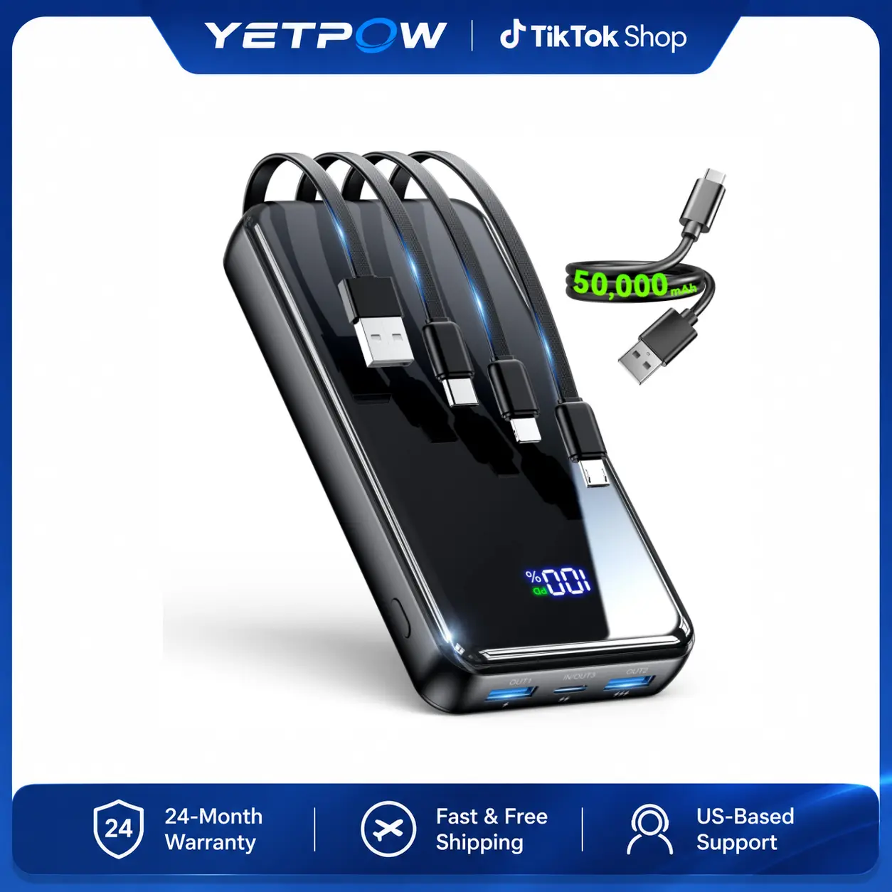 Portable Charger, 50000mAh Power Bank with 4 Built-in Cables, 22.5W PD Fast Charging, 6 Outputs and 2 Inputs, LED Display External Battery Pack, Portable Phone Charger for iPhone Android Travel Camping，JM4 Pro summerwins Smartphone Chargeable