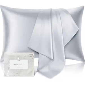 100% Pure Mulberry Silk Pillowcase for Hair and Skin - Allergen Resistant Dual Sides,600 Count Silk Bed Pillow with Hidden Zipper,1pc,Queen Size,Gray