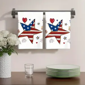 2pcs 23.6x15.7 In Patriotic Independence Day Kitchen Towels Red White Blue Star And Heart Pattern Dish Cloths Rustic Summer Decor Home Decoration Holiday Design Festive Decor