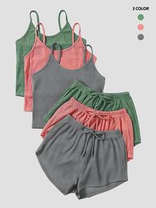 six-piece set women's plain ribbed shorts set, casual spaghetti strap crop cami top & elastic waist shorts set, back to school gifts, summer clothes, summer outfits sets for outdoor holiday, outfit sets for women, matching sets, womenswear