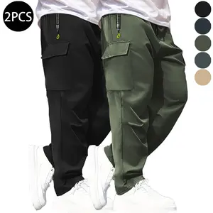 Men's Solid Color Loose Fit Straight Leg Work Pants with Elastic Waistband, Casual Relaxed Style with Zippered Side Pockets and Drawstring Closure, Comfortable for Everyday Wear, Suitable for Spring, Summer, and Autumn, Ideal for Commuting, Sports and Gym