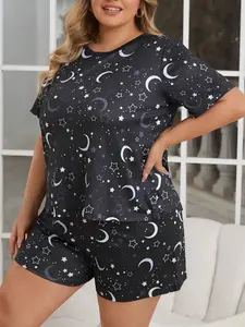 Spring Summer Casual Homewear Loungewear Set for Women, Large Size Cute Moon Star Print Pajama Two-Piece Set, Loose Short Sleeve Shorts Suit