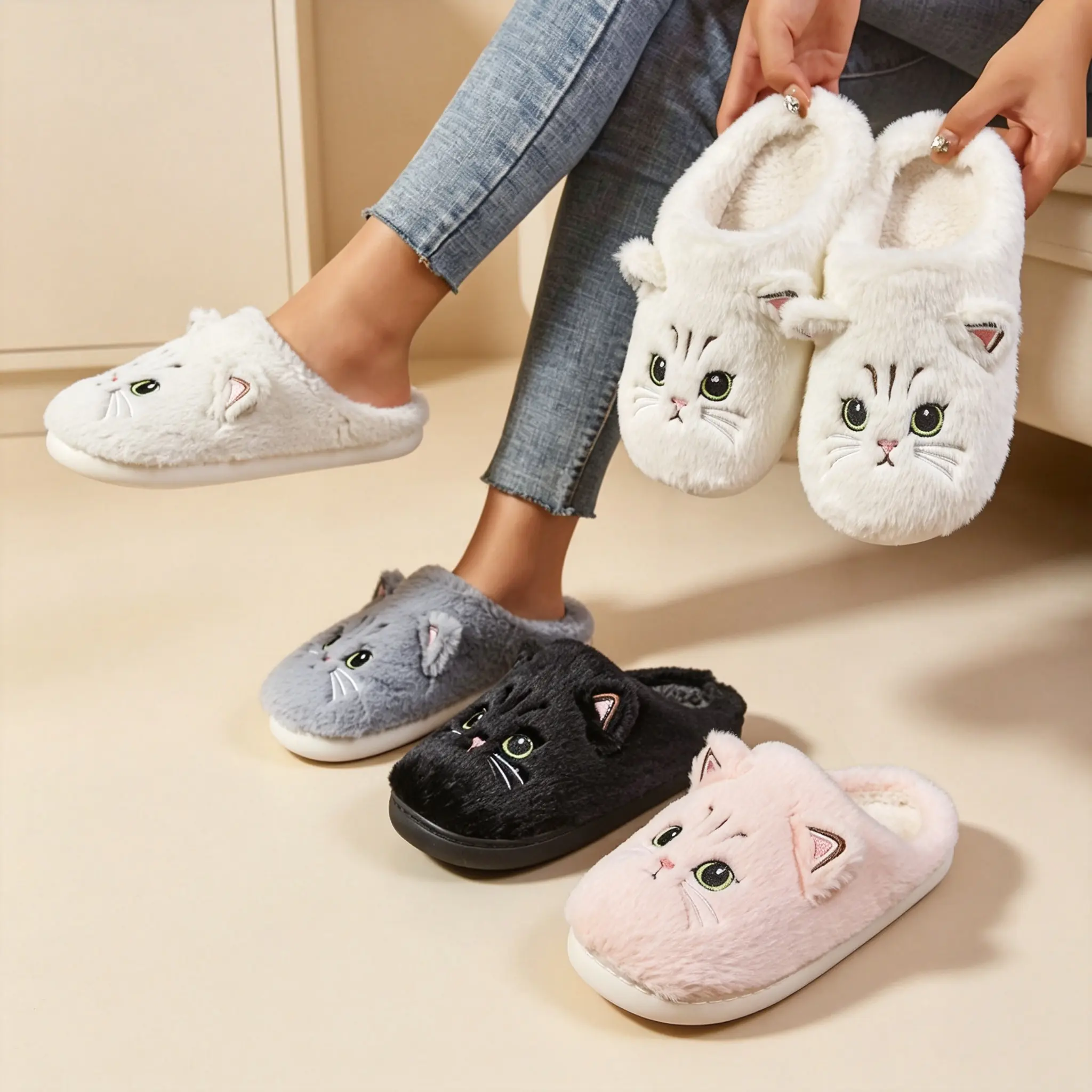 cozy warm fluffy cute cat face plush slippers women winter indoor home slip on fuzzy house slippers soft memory foam non slip sole comfortable casual bedroom footwear lovely kitten design warm lined indoor slides for ladies daily wear cold weather