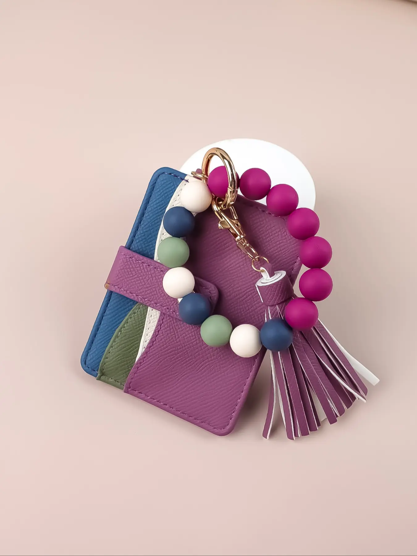 Mini Card Wallet, Fashionable Card Holder, Pastel Faux Leather Slim Lightweight Card Holder With Matte Silicone Beads & Snap Button Closure, Pastel Color Block Design With Pink Purple Beaded Wristlet, Fashion Accessory For Daily Use,
