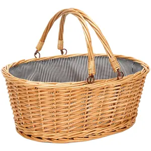 Wicker Picnic Basket with Double Folding Handles, Natural Large Willow Hamper Empty Basket Cheap Easter Eggs Candy Storage Wine Basket for Toy, Flower, Wedding（Grey 16inch）