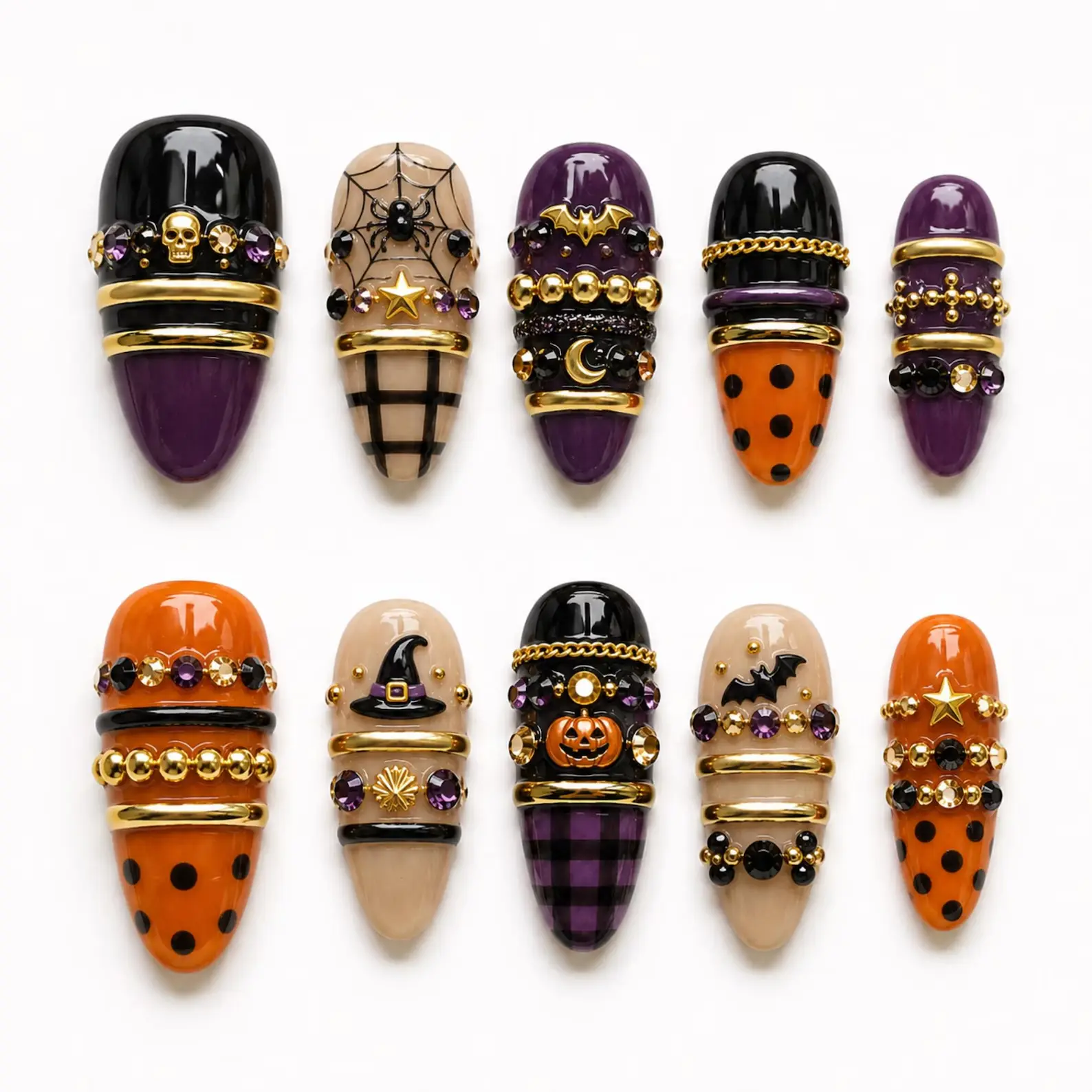 Halloween Press-On Nails, Witch-Pumpkin-Spider Web Design, Purple & Orange Spooky Jewelry Accessories for Beauty & Nail Care