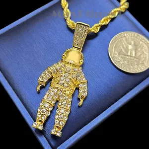 MaxBling81 Unisex Iced Gold-Silver Plated Astronaut Motif Necklace with Pendant, 4mm 24" Rope Chain, Everyday Fashion Costume Jewelry Gift