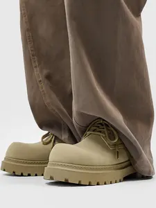 Men's Khaki Platform Derby Shoes, Light Cool Casual Style, Suede Material + Platform Sole + Lace-Up Design, Retro Style, Height-Boosting Shape , Ideal for Daily Commuting & Street Wear Scenarios