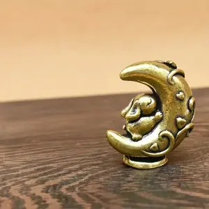 Vintage Moon Rabbit Statue, Antique Sleep Bunny Decor with New Moon, Brass Home Ornament, Decorative Figurines for Kids Room, Living Room, Wedding Gift