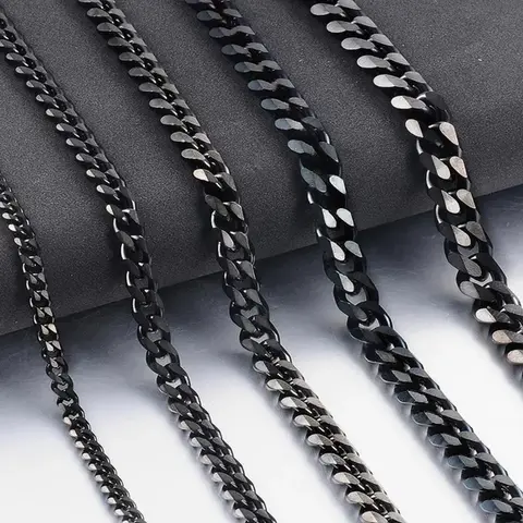 Men's Black Stainless Steel Cuban Chain Necklace - 3mm/5mm Thick Chain, 18"-24" Length, Cuban Necklaces, Rust-Resist Shine, Velvet Gift Bag