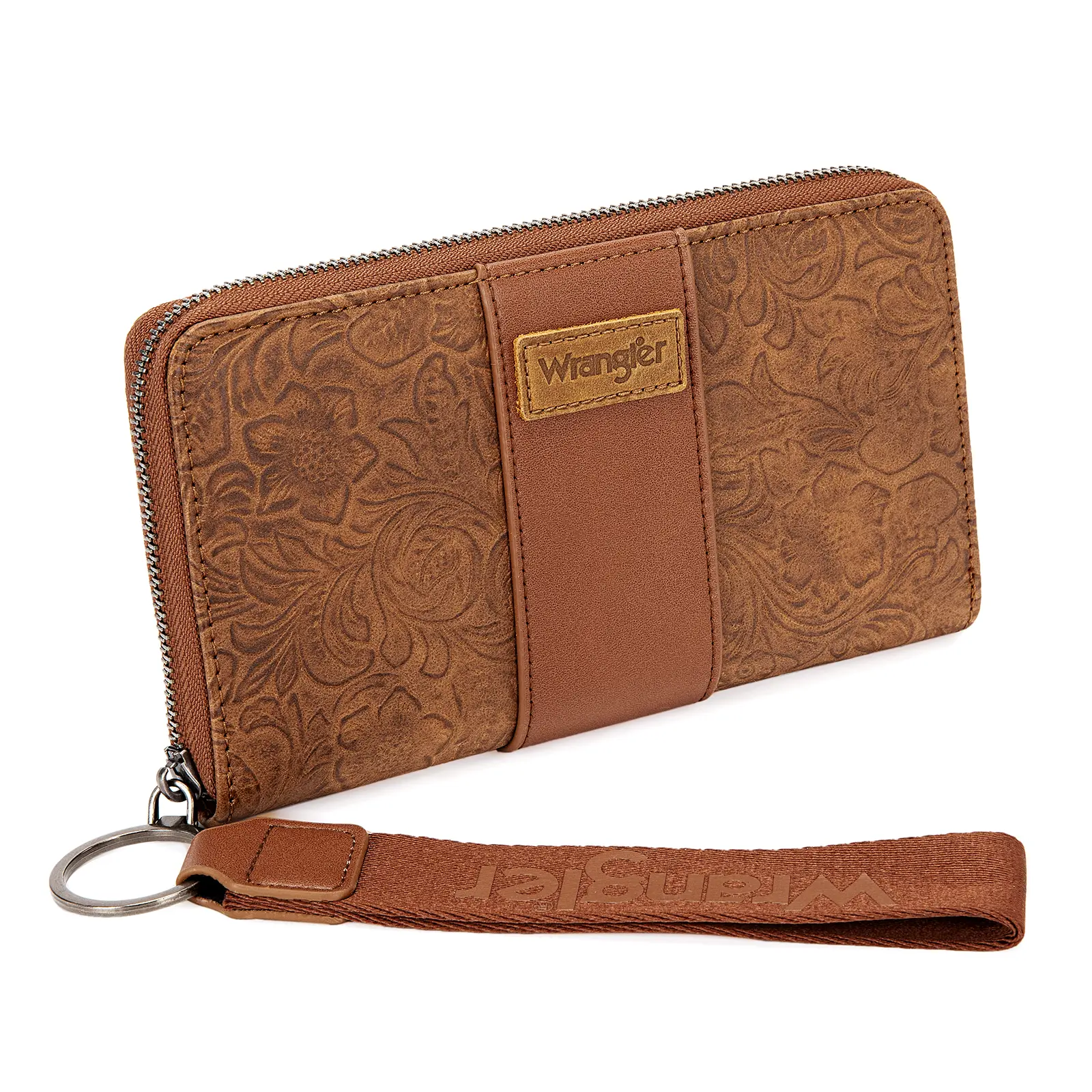Wrangler Women's Wallet - Tooled Floral RFID Blocking Zip-Around Clutch Wristlet with Wrist Strap, Key Ring, Built-in Card Holder & Coin Pocket, Large Capacity Wallets for Women, Built-In Card Holder Women's Clutches & Wristlets