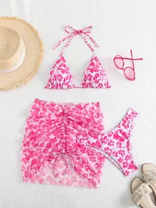 Women's Floral Print Bikinis Set, Floral Print Swimsuits, Halter Neck Triangle Floral Bikini Top, Drop Waist Bikini Bottom & Drawstring Ruched Beach Skirt Swimsuit Sets, Summer Outfits