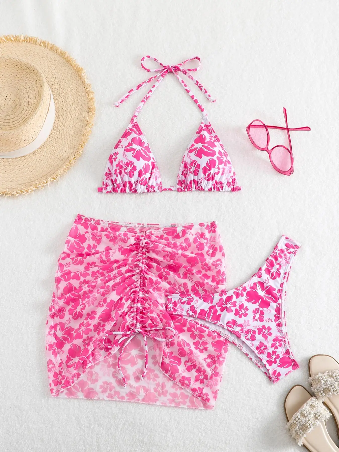 3 Counts Women's Sexy Floral Print Bikinis Set, Elegant Halter Neck Triangle Swim Bra & Drop Waist Swim Panty & Drawstring Ruched Beach Skirt Swimwear