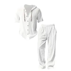 Summer men’s lightweight two-piece set with a hood, casual vacation style, loose breathable thin fabric, hooded sweatshirt paired with wide-leg pants. summervibes