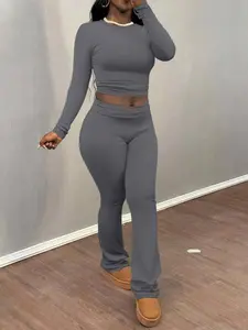 Women's Solid Long Sleeve Crop Top & Flare Leg Pants Two-piece Set, Casual Fashion Cozy Basic Round Neck Top & Bell Bottom Trousers for Daily Outdoor Wear, Women's Clothing for Fall & Winter