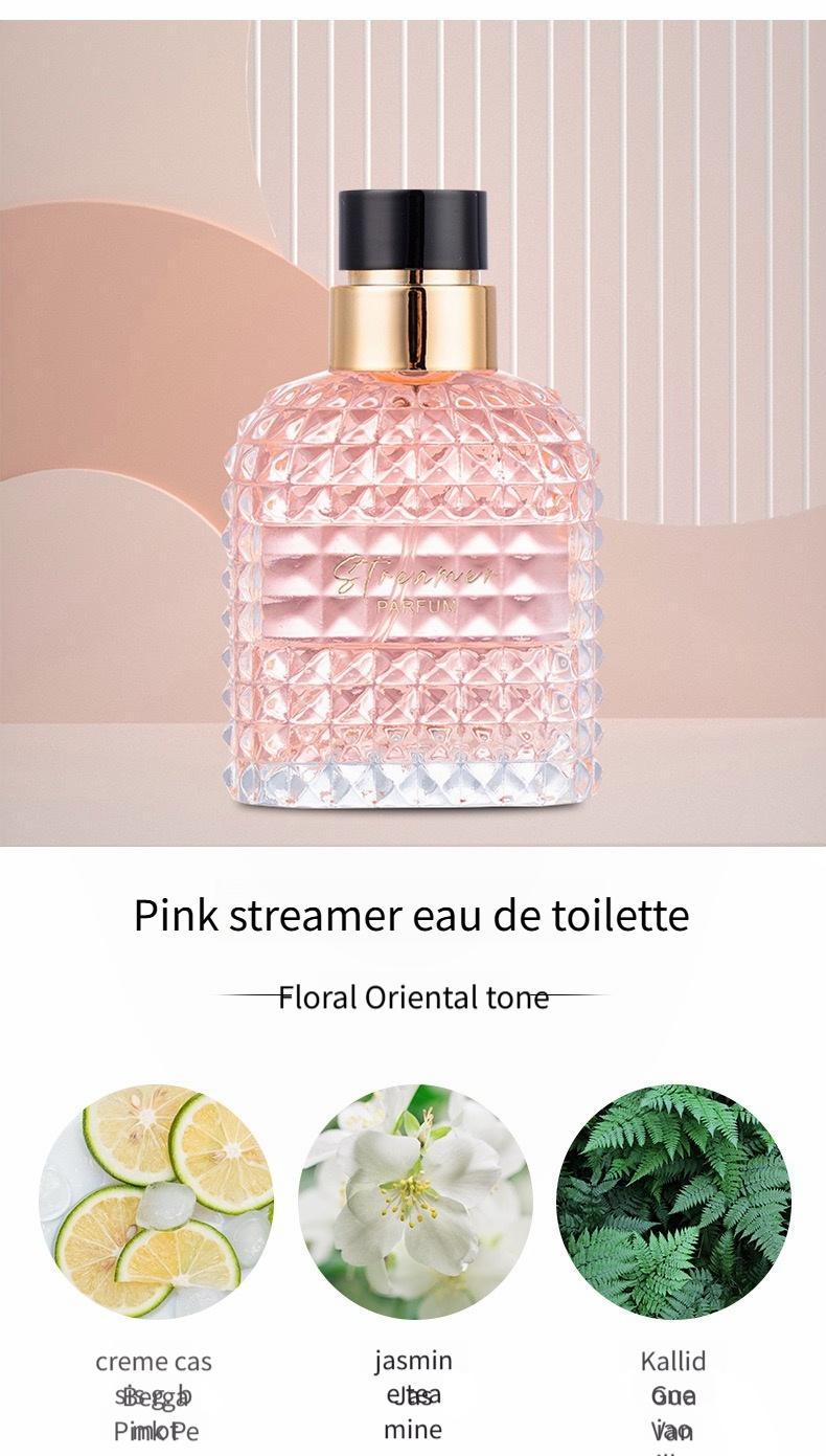 Women’s eau de toilette featuring four distinct fragrance notes: Pink Stream, Floral, Scarlet Ocean, and Black Trace. Suitable for everyday wear and a variety of occasions.