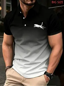 Large Size Men's Summer Gradient Leopard Print Polo Shirt, Stand Collar Slim Fit Casual Sport Short Sleeve Top, Comfortable and Stylish