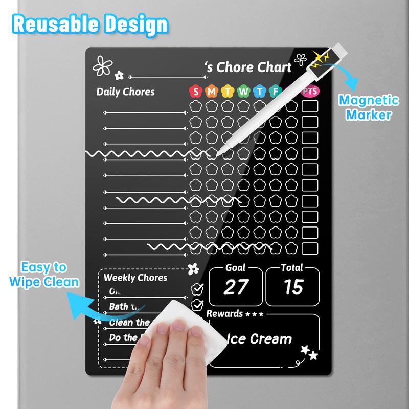 NiHome Magnetic Acrylic Chore Chart for Kids, 12"x9" Clear Black Background with 6 Hidden Strong Magnets, Scratch-Resistant Reusable Dry Erase Board for Fridge Organization and Daily Task Management