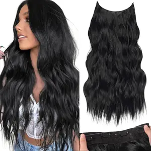 AISI HAIR Invisible Wire Synthetic Hair Extensions 16/20/24 Inch Clip-On Long Wavy Hairpiece for Women Black Secure 4 Clips