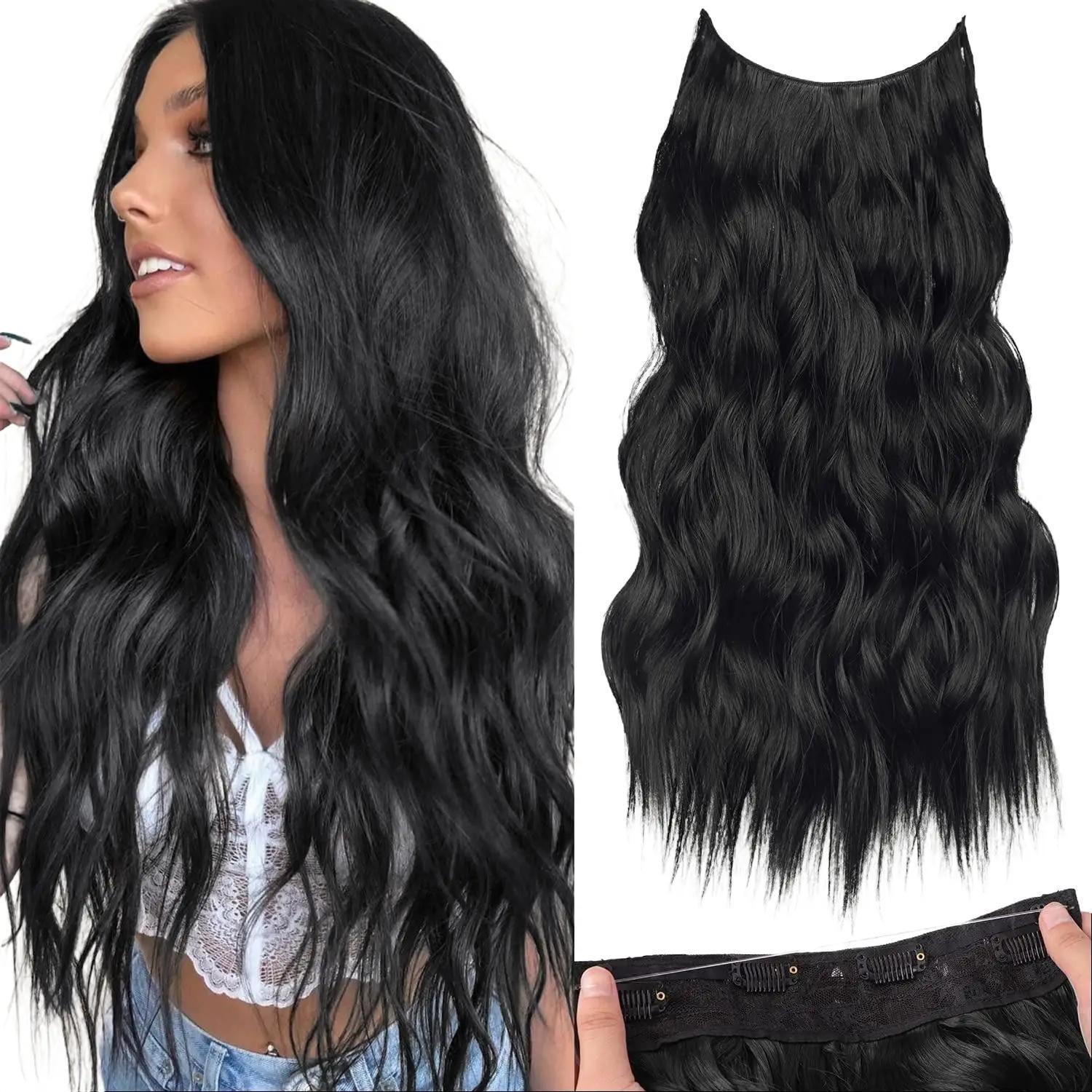 AISI HAIR Invisible Wire Synthetic Halo Hair Extensions 16/20/24 Inch Clip-On Long Wavy Hairpiece for Women Black Secure