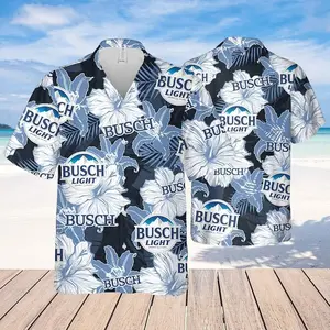 Busch Beer Hawaiian Shirt Men Women Dark Navy Hibiscus Floral Print Casual Loose Button Down Beach Vacation Summer Festival Streetwear Unisex Cool Comfy Aloha Fan Gift Top