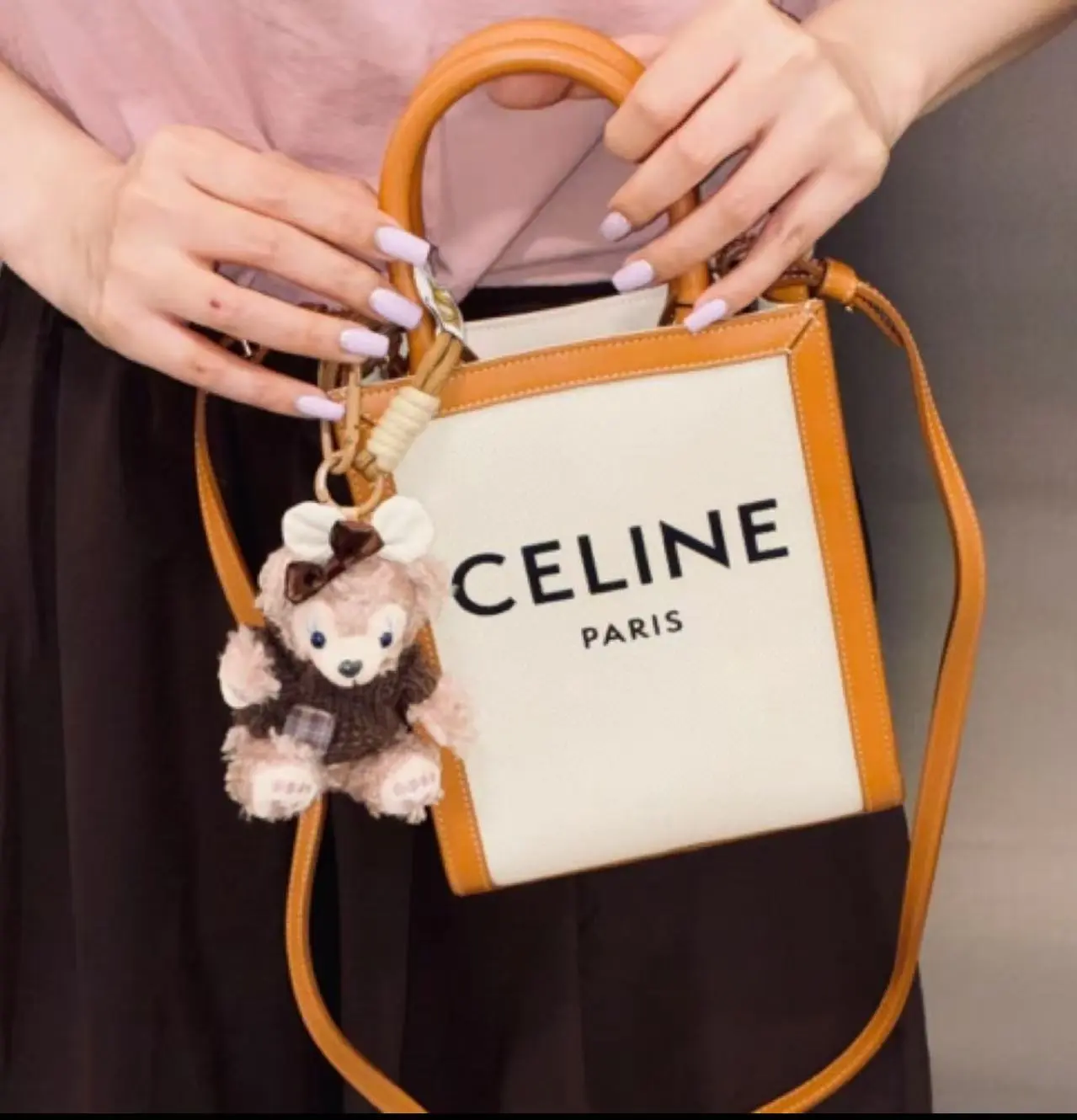 Pre-owned Celine Mini Vertical Cabas White Canvas Tan Calfskin Trim Tote Bag Printed Paris Logo Top Handle Detachable Crossbody Strap Handbag, Tote Bags, Crossbody Bags