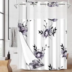 1pc hookless shower curtain with buckle lining, spring purple floral and black leaf pattern design, 2D flat printing, fabric waterproof lining, see-through double-layer shower curtain, 71 x 74 inches, modern home draping curtain, Bathroom Curtain