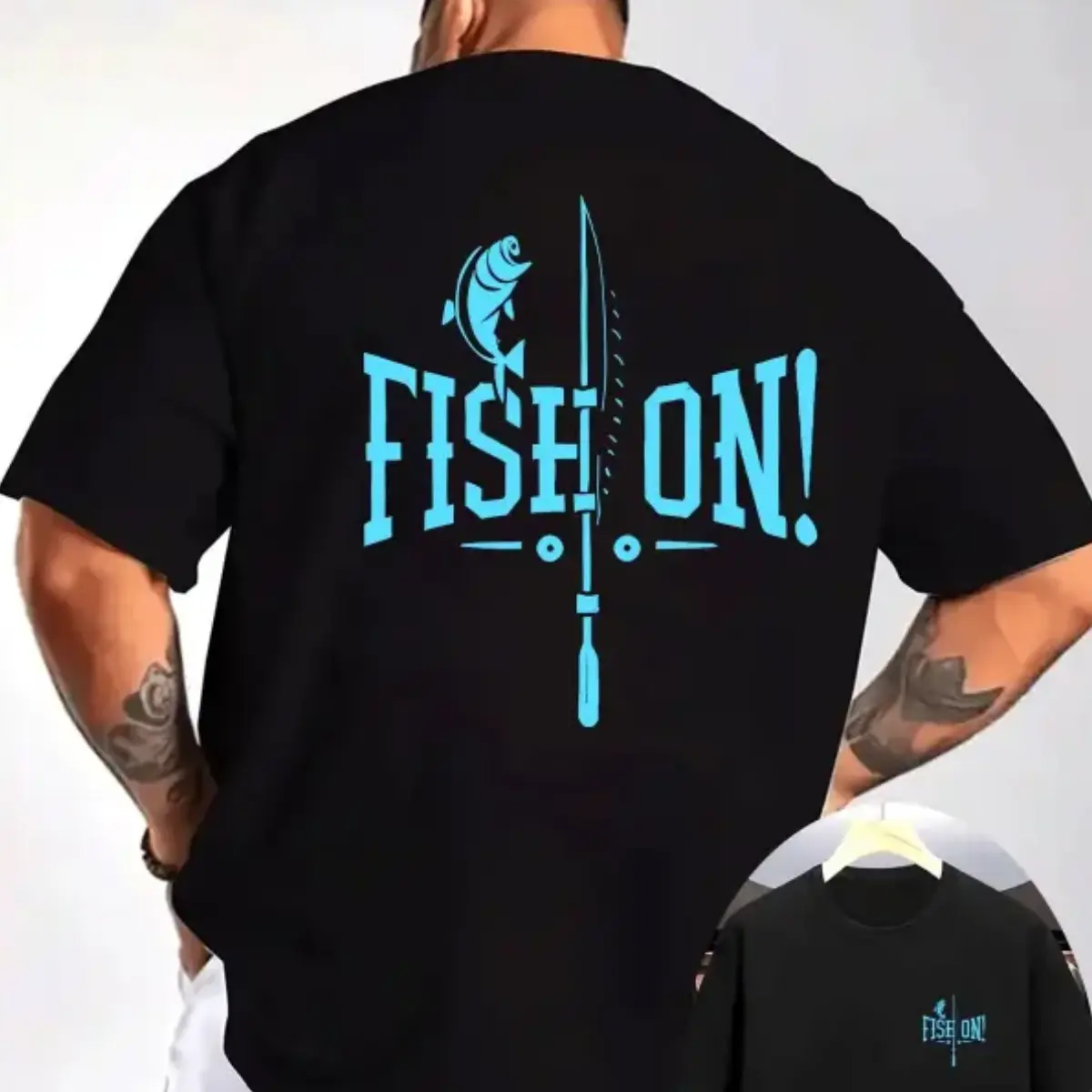 Fish On Fishing T-Shirt - Bold FISH ON Lettering With Jumping Fish And Fishing Rod Graphic , Matching Chest Print , Men's Angler Tee , Freshwater Fishing Shirt , Lake And Boat Outfit , Fishing Trip Apparel , Gift For Fishermen And Outdoor Lovers Fabric