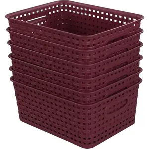 Plastic Woven Storage Baskets 6 Pack Wine Red - Versatile Organizer Bins for Kitchen Bathroom Storage Organization