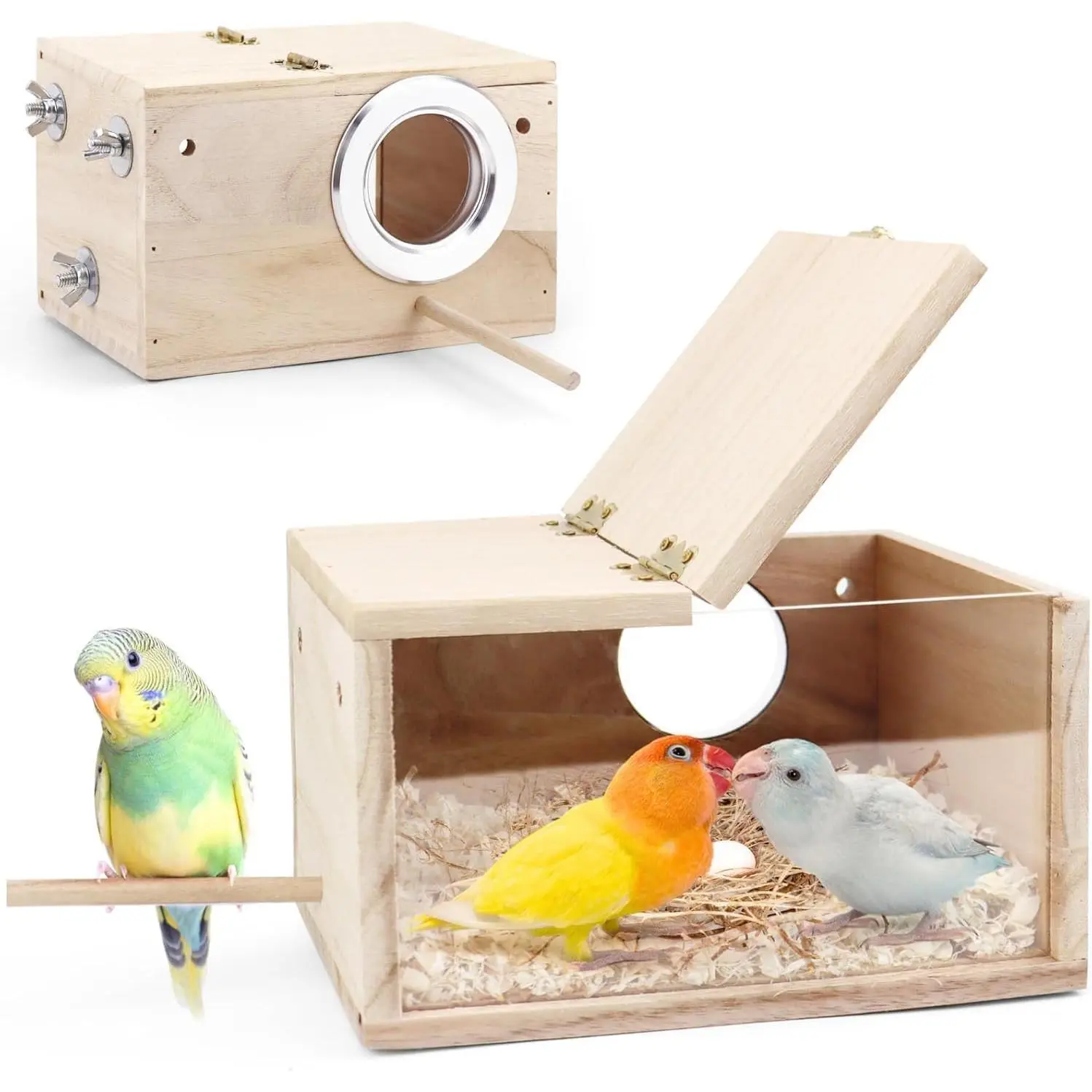 Parrot Breeding Box - Transparent Wooden Bird Nest Breeding Box - Bird Cage House with Perch Rod, suitable for lovebirds, budgies, finches, and parrots
