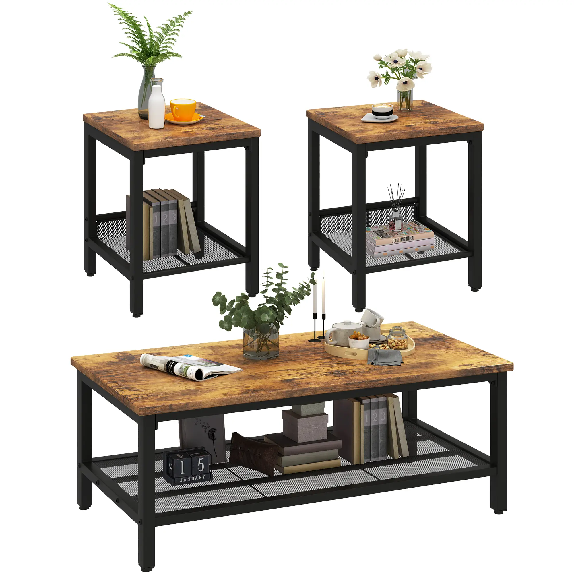 AWQM 3-Piece Coffee Table Set, Industrial Modern Tables with 2 Square End Tables, Metal Frame, Rustic Brown & Black for Living Room, Apartment & Offic