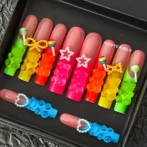 Fabulous Gummy Nails - Long and Hard Design with Colorful Gummy gems, Includes Various Shapes and Colors -
