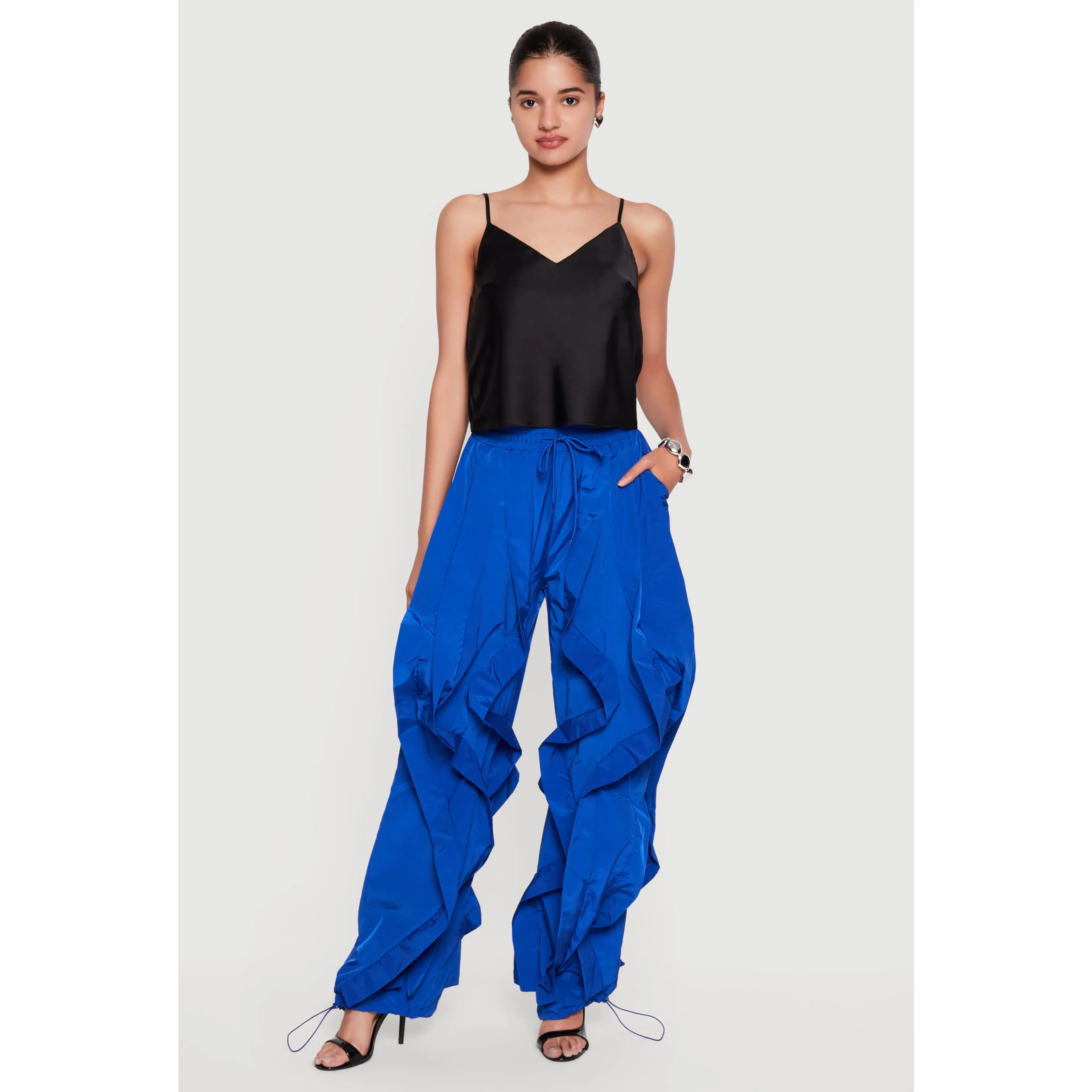 Drawstring Waist Ruffle Parachute Pants