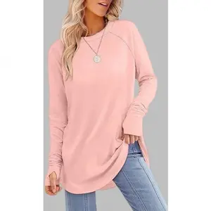 Buttery Soft Crewneck Undershirt with Thumbholes, Slimming Tunic Length Pullover for Spring Layering, Ultra-Soft Breathable Thermal Base Layer, Legging-Friendly Minimalist Top, High-Elasticity Daily Wear Undershirt, Versatile Lightweight Streetwear Basic