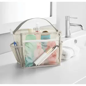 Mainstays 5 Pocket Silver Mesh Shower Tote with Zipper Water-Resistant Pouch, Mesh Finish