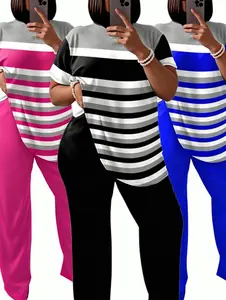 2026 NEW Women'S Large Size Color Block Casual Outfit - Comfortable Polyester Short Sleeve Top and Loose Wide Leg Pants Set, Machine Washable, Suitable for Fashion Casual Clothing, Plus Size Pants Women'S Plus Size Clothing