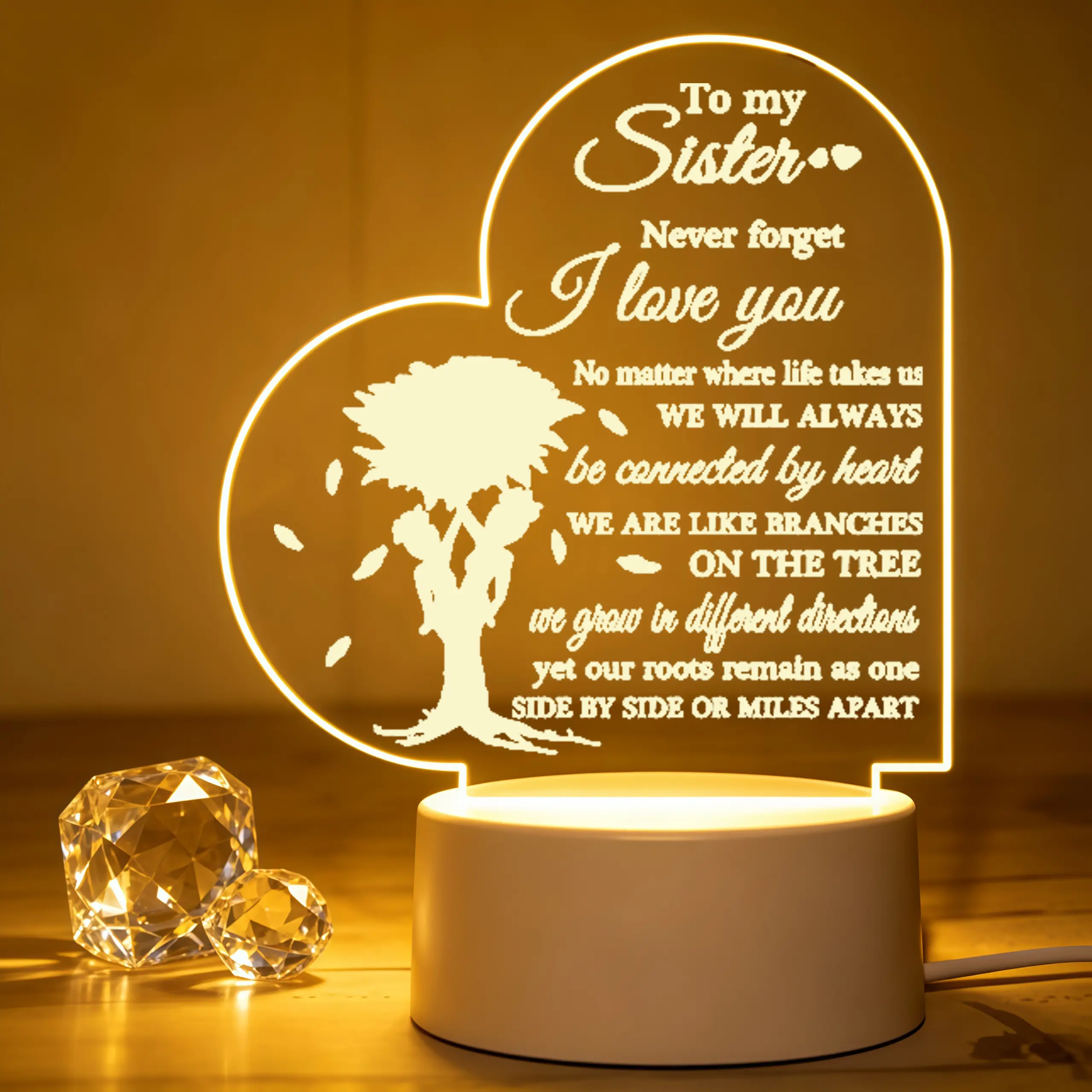 To My Sister 2D Flat Heart Acrylic Night Light, Family Tree Engraved LED Bedside Lamp, Back To School Halloween Thanksgiving Christmas Birthday Gift for Sister